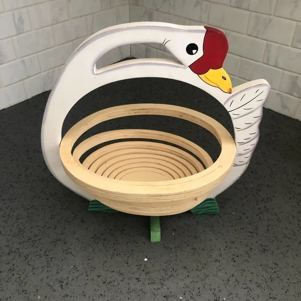 Vintage Collapsible Wood Goose Fruit Basket Spiral Folding Trivet Kitchen Decor